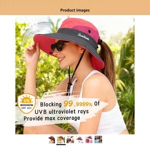 SunShade Women's Coral Pink and Dark Gray Sun Hat, adjustable ponytail hole,snap